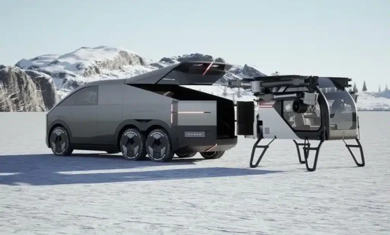Cybertruck-esque 6 wheeler EV has a two-person electric helicopter hidden inside Cybertruck-esque 6 wheeler EV has a two-person electric helicopter hidden inside